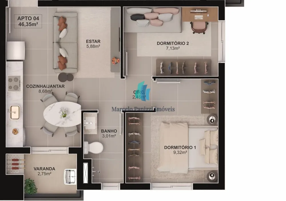 Apartamento, 2 quartos, 46 m² - Foto 2