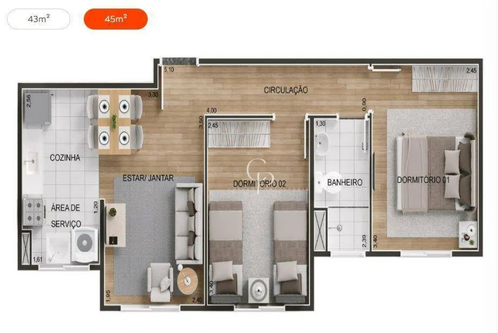 Apartamento, 2 quartos, 45 m² - Foto 2