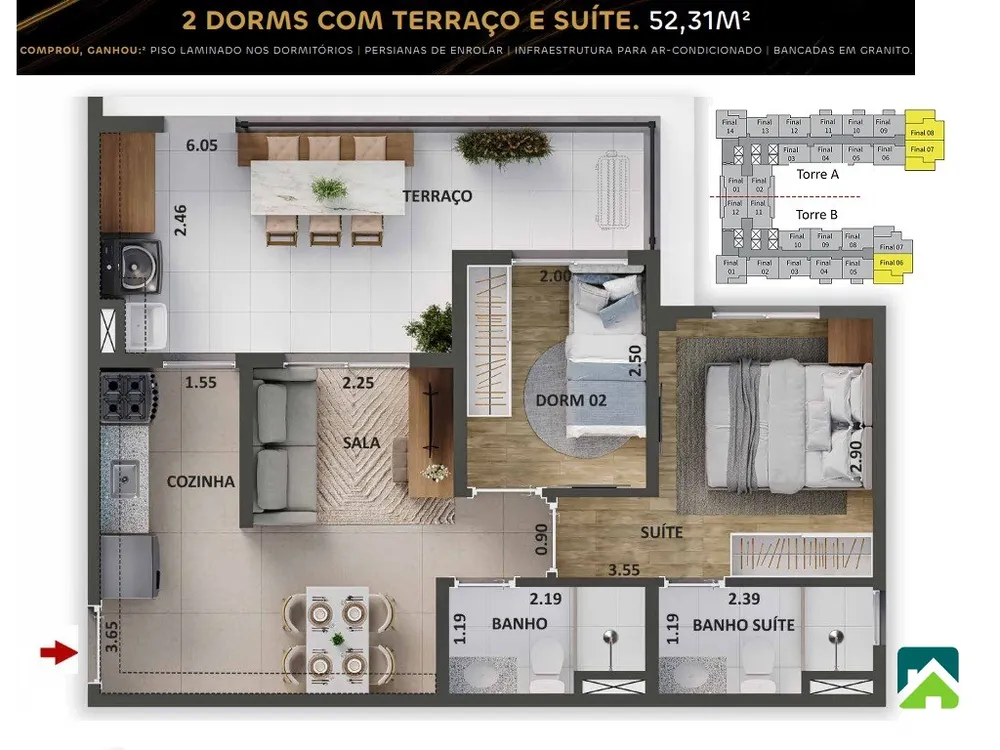Apartamento, 2 quartos, 52 m² - Foto 3