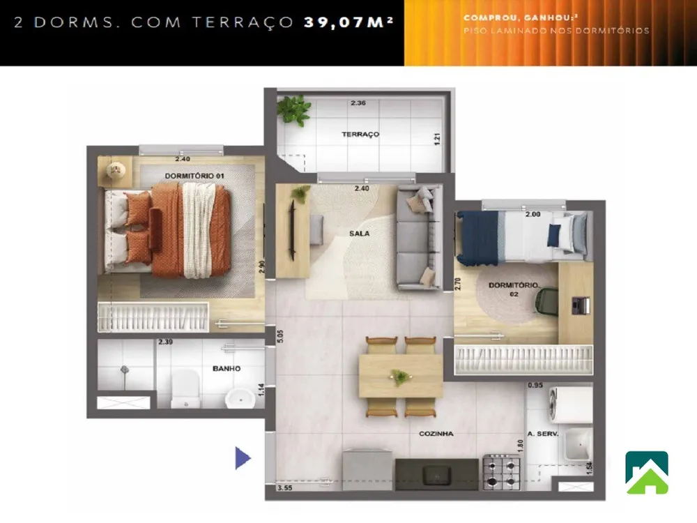 Apartamento, 2 quartos, 39 m² - Foto 2