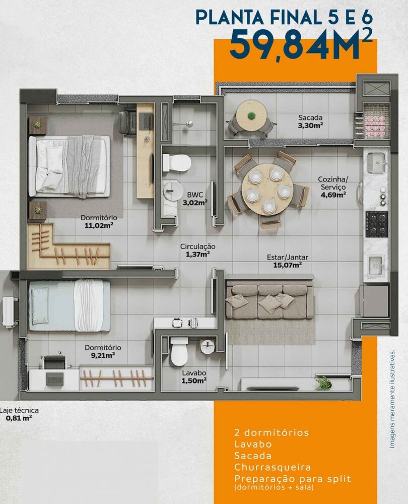 Apartamento à venda com 2 quartos, 58m² - Foto 6