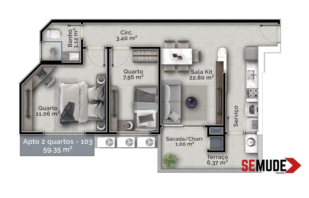Apartamento, 2 quartos, 59 m² - Foto 1