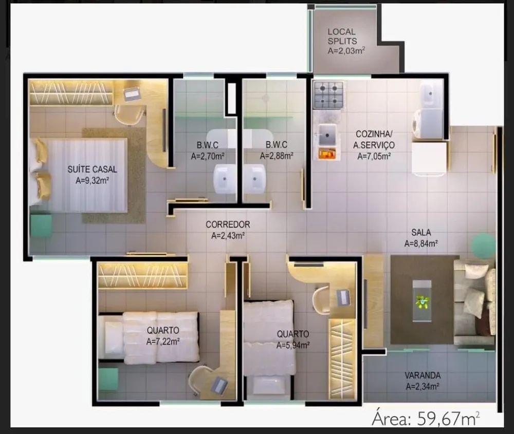 Apartamento, 3 quartos, 59 m² - Foto 10