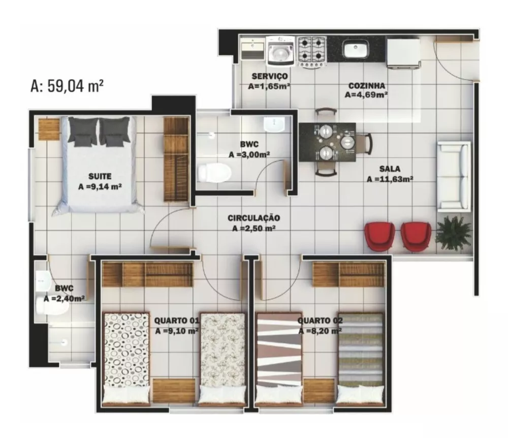 Apartamento, 3 quartos, 59 m² - Foto 1