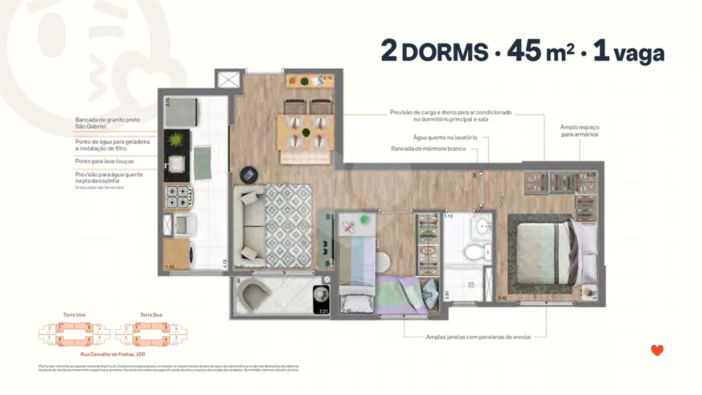 Apartamento, 2 quartos, 45 m² - Foto 1