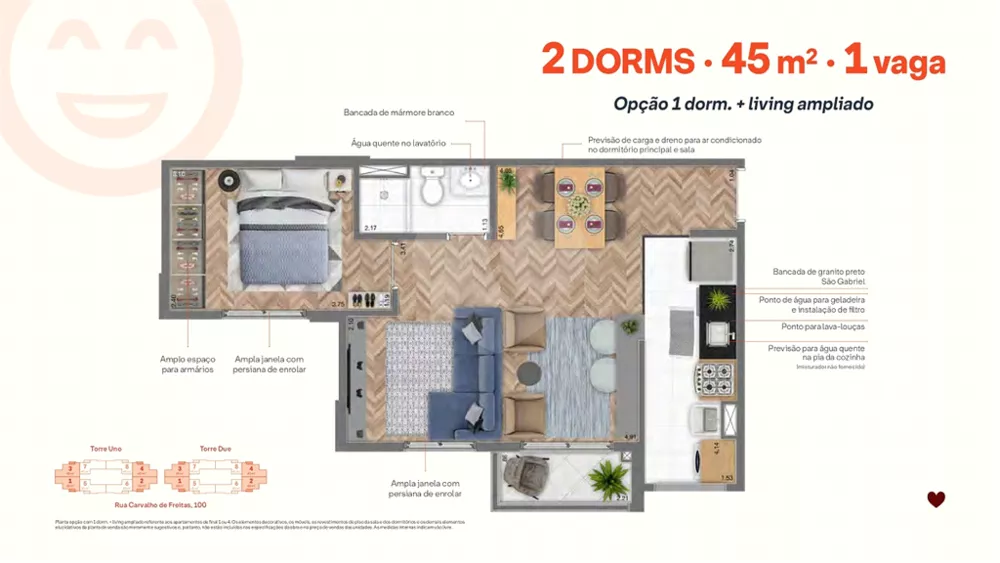 Apartamento, 2 quartos, 45 m² - Foto 2