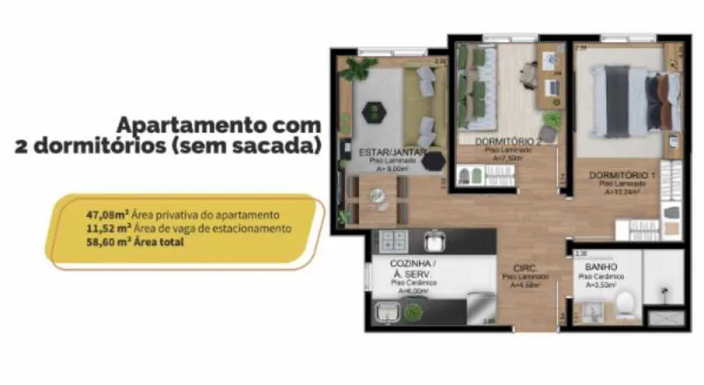 Apartamento, 2 quartos, 47 m² - Foto 1