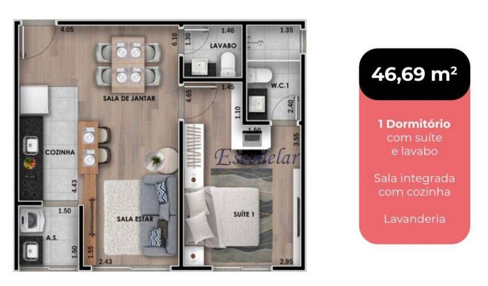 Apartamento, 1 quarto, 46 m² - Foto 3
