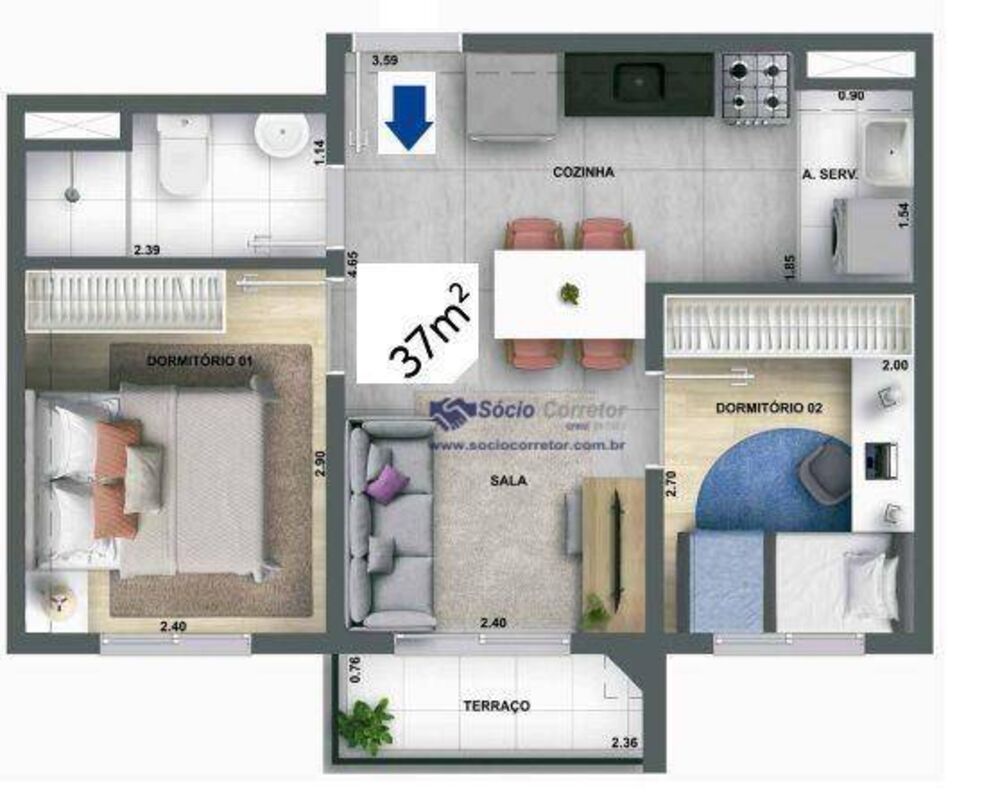 Apartamento, 2 quartos, 37 m² - Foto 2