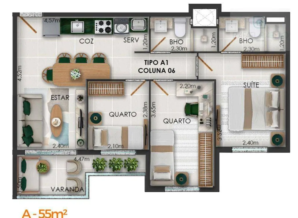 Apartamento, 3 quartos, 55 m² - Foto 1