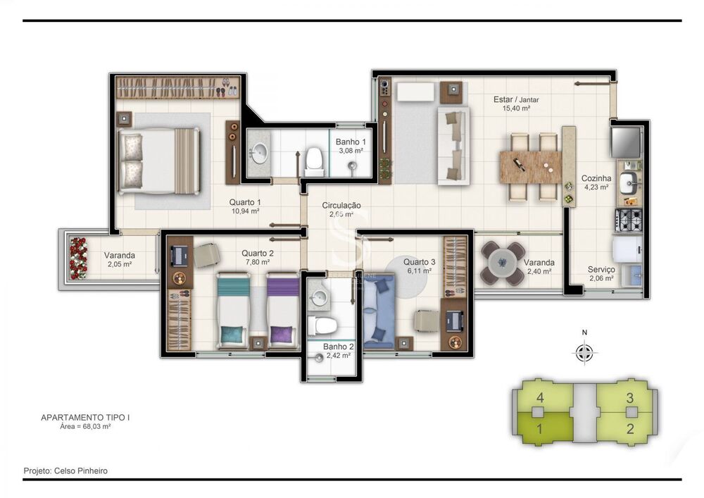 Apartamento, 3 quartos, 68 m² - Foto 1