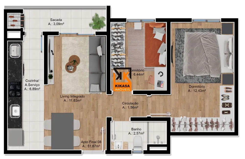 Apartamento, 2 quartos, 51 m² - Foto 3