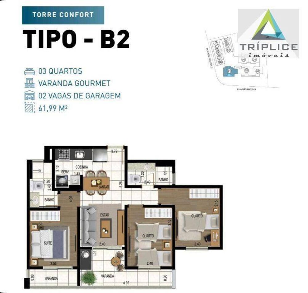 Apartamento, 3 quartos, 61 m² - Foto 3