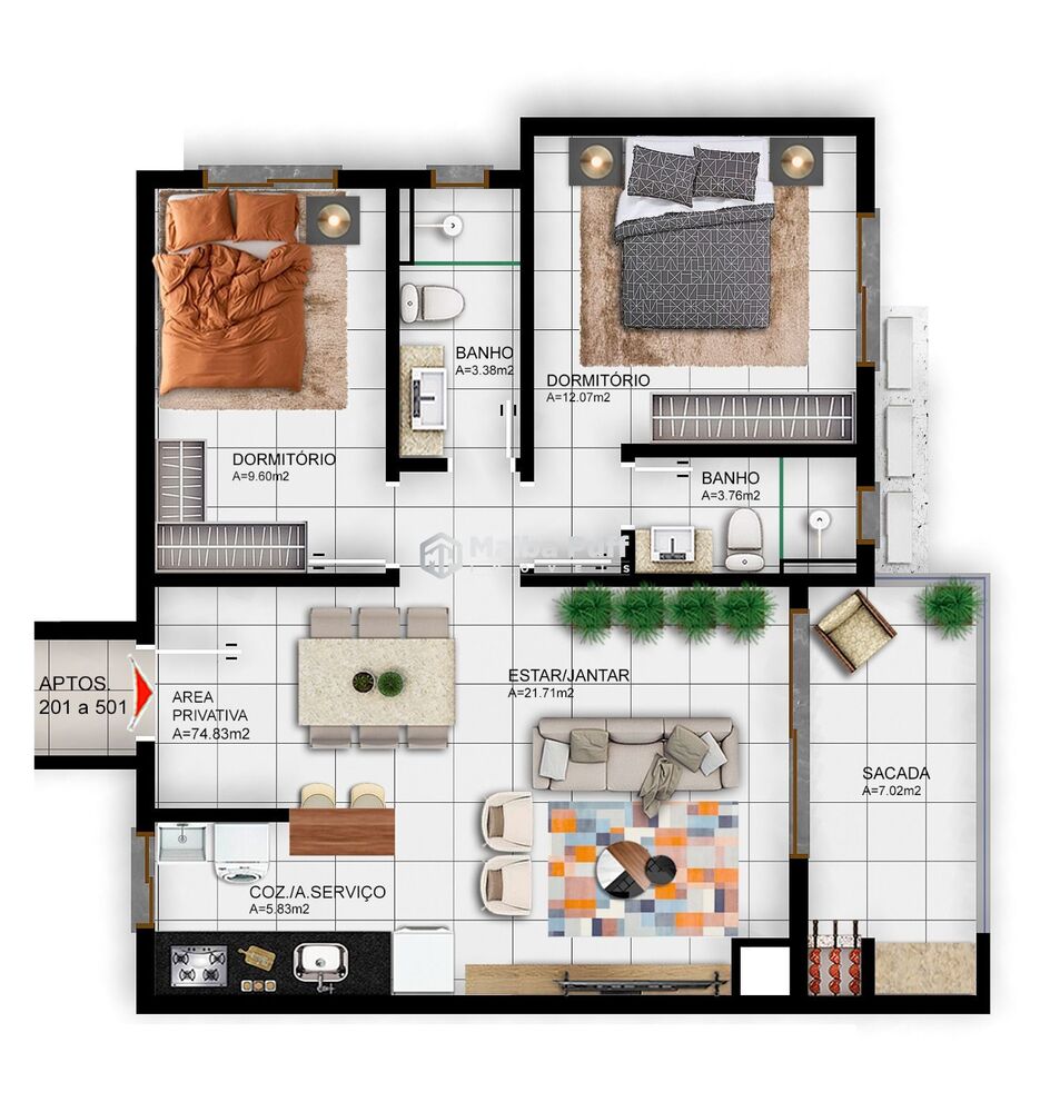 Apartamento, 2 quartos, 74 m² - Foto 2