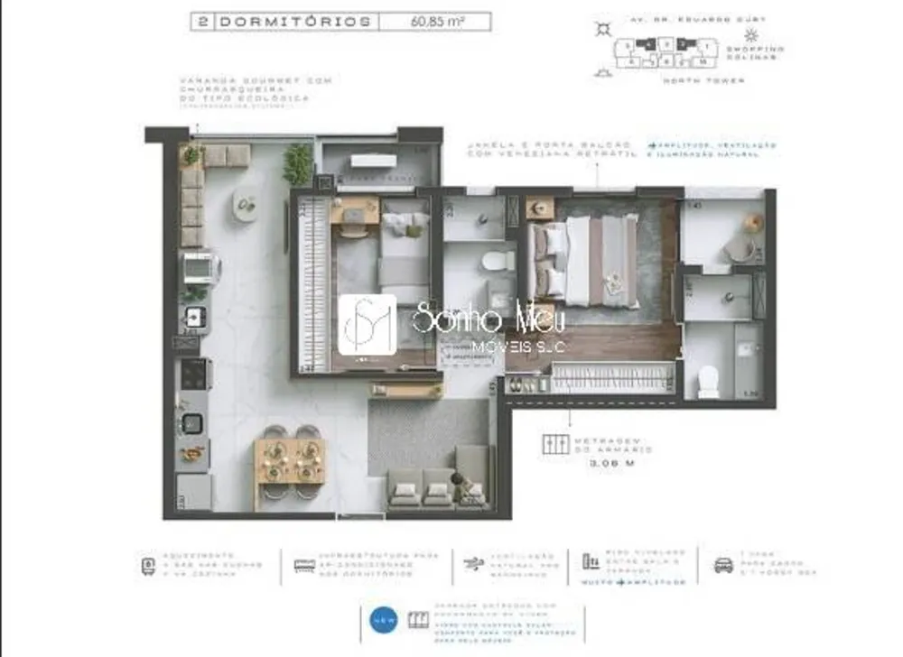 Apartamento, 2 quartos, 60 m² - Foto 2