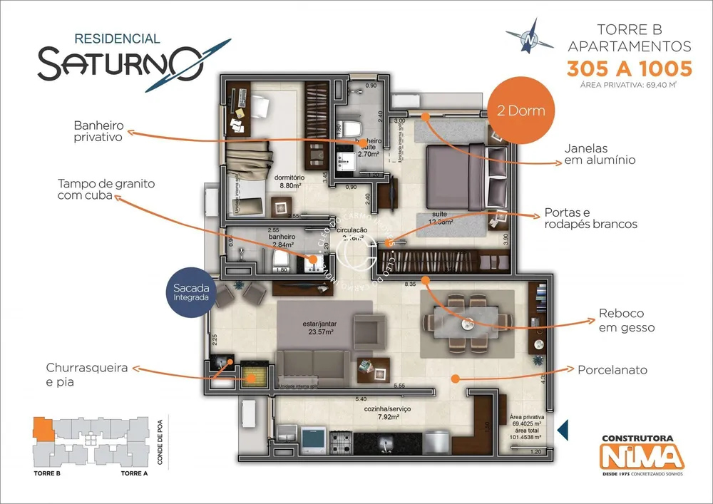 Apartamento, 2 quartos, 69 m² - Foto 2
