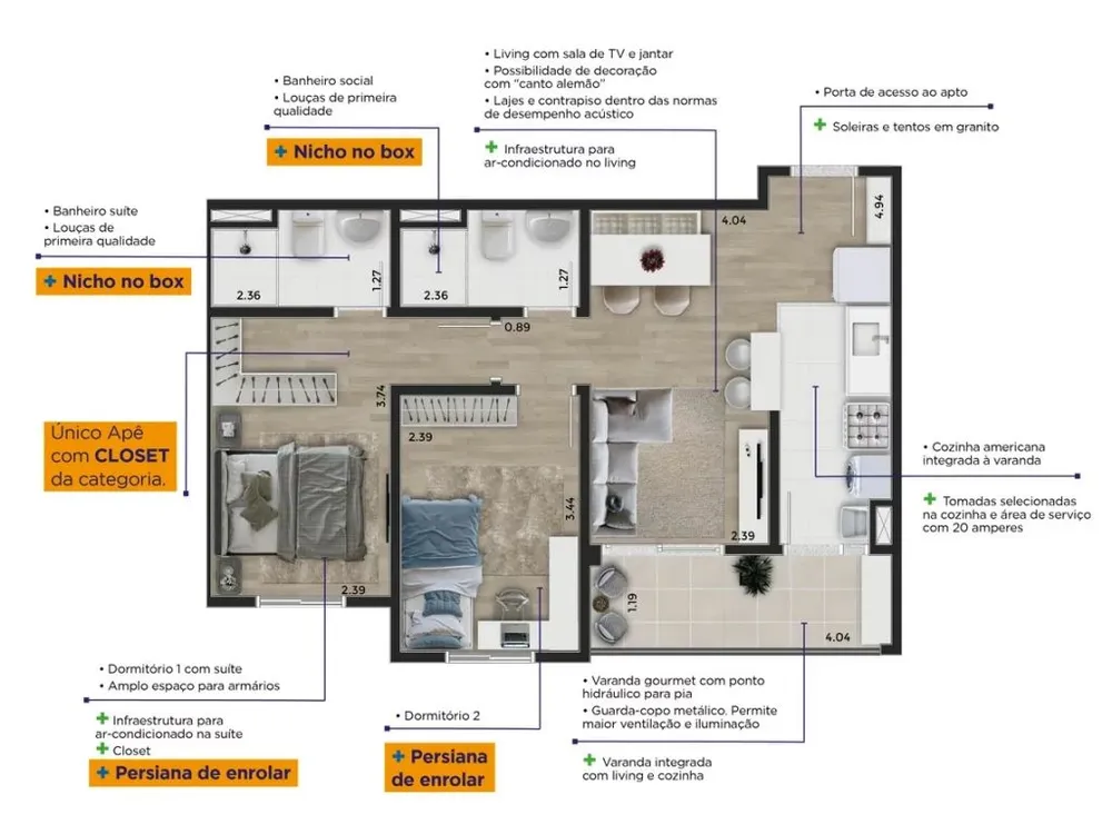 Apartamento, 2 quartos, 56 m² - Foto 2