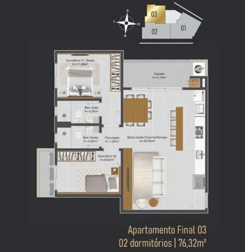 Apartamento, 2 quartos, 76 m² - Foto 1