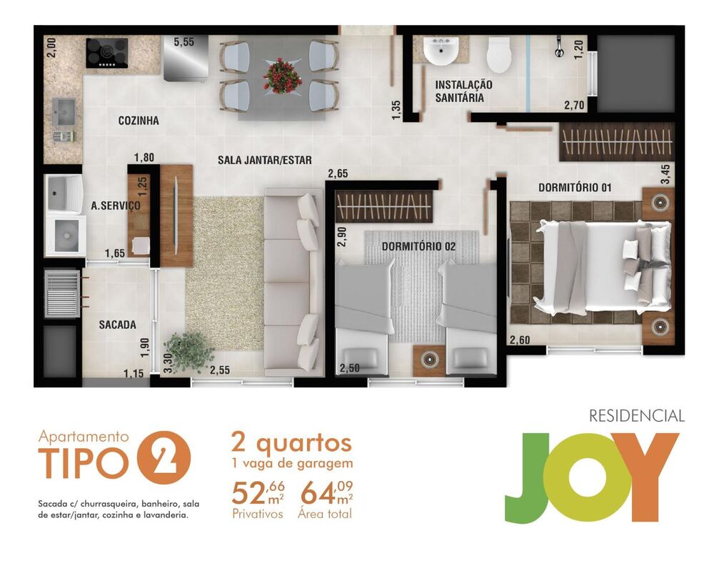Apartamento, 2 quartos, 52 m² - Foto 2