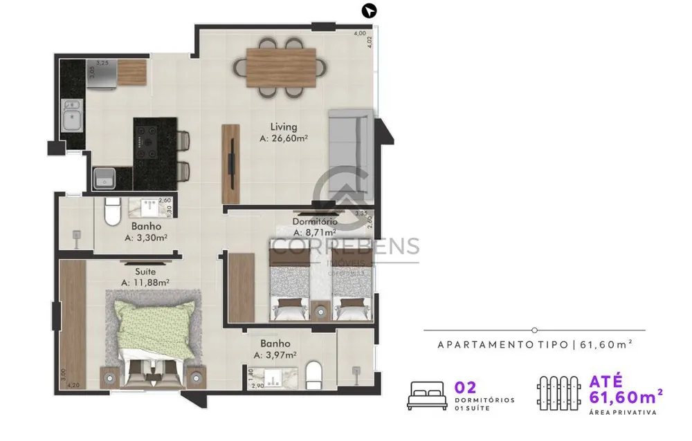 Apartamento, 2 quartos, 61 m² - Foto 1