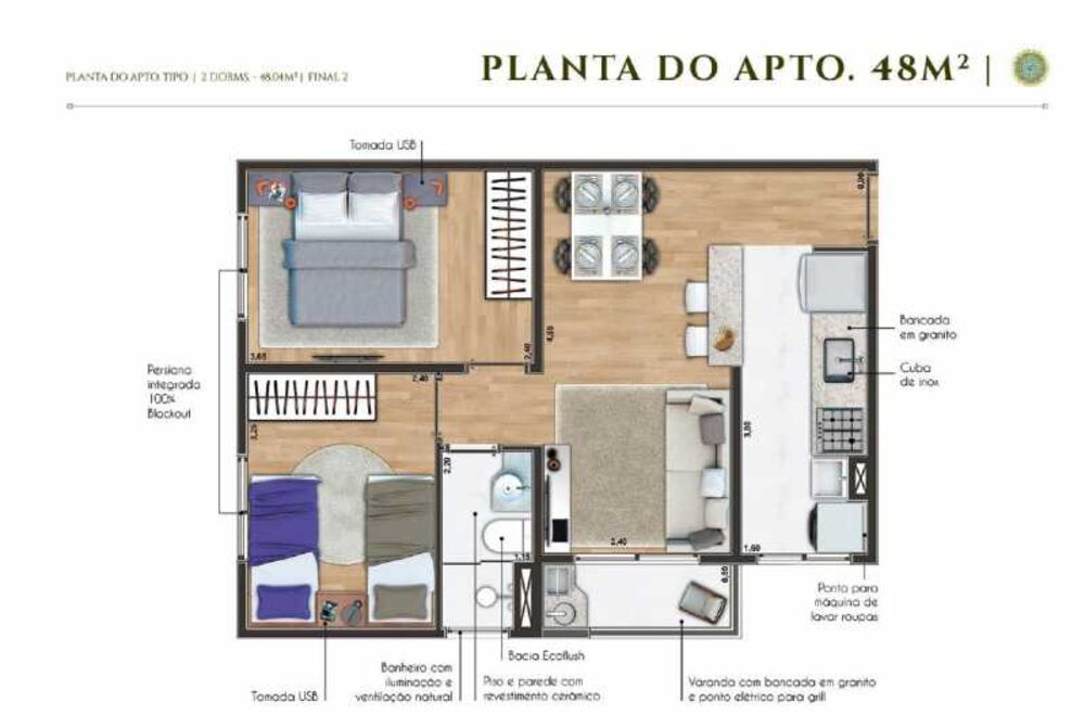 Apartamento, 2 quartos, 48 m² - Foto 2