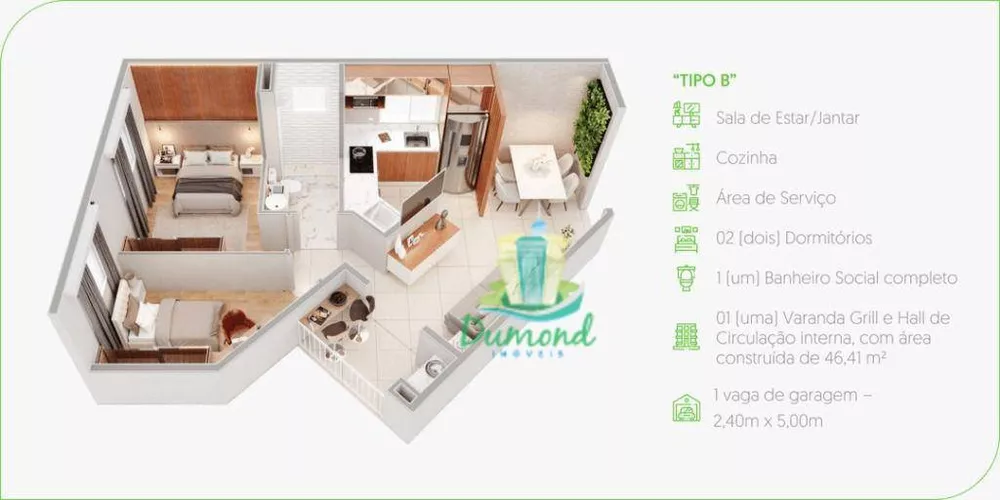 Apartamento, 2 quartos, 46 m² - Foto 2