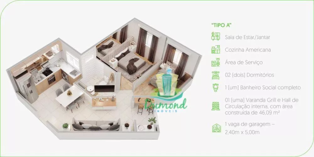 Apartamento, 2 quartos, 46 m² - Foto 3